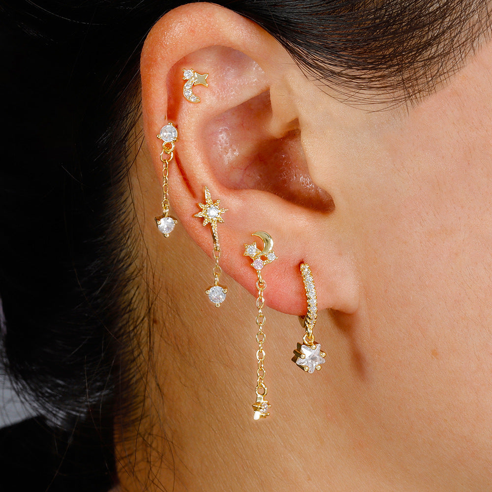 Five-piece Earings Set Chain Star Moon