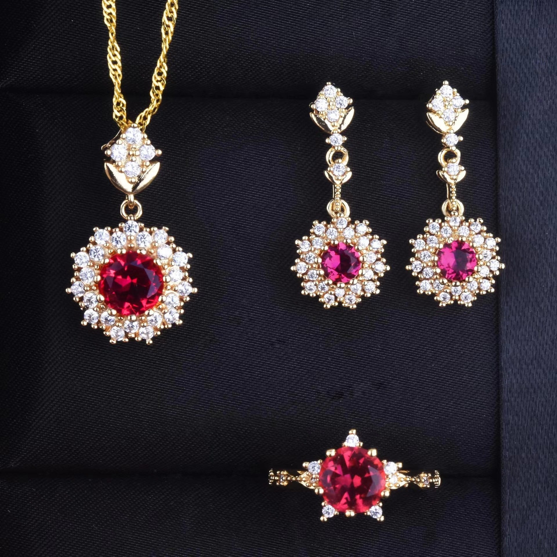 Women's Pomegranate Red Rings Pendants Earings Set